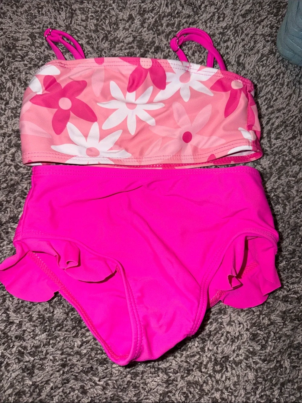 Girls Pink Floral Bandeau Two-Piece Swimsuit - Bright Pink